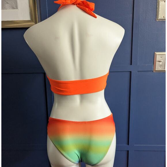 Shein Neon Orange Molded Cup Halter Bikini Sunset Ombre sz Small New - Picture 5 of 9